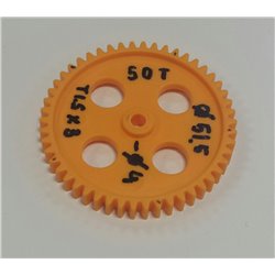 Gearwheel 3mm pitch 50T - Gearwheel Plastic. outside Ø 51,5mm. 50 tooth 2,2mm, 3mm pitch, face width 6mm. shaft 4mm Ø.