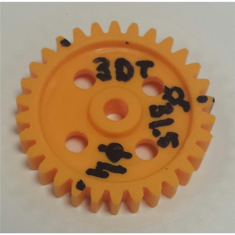 Gearwheel 3mm pitch 30T - Gearwheel Plastic. outside Ø 31,5mm. 30 tooth 2,2mm, 3mm pitch, face width 6mm. shaft 4mm Ø.