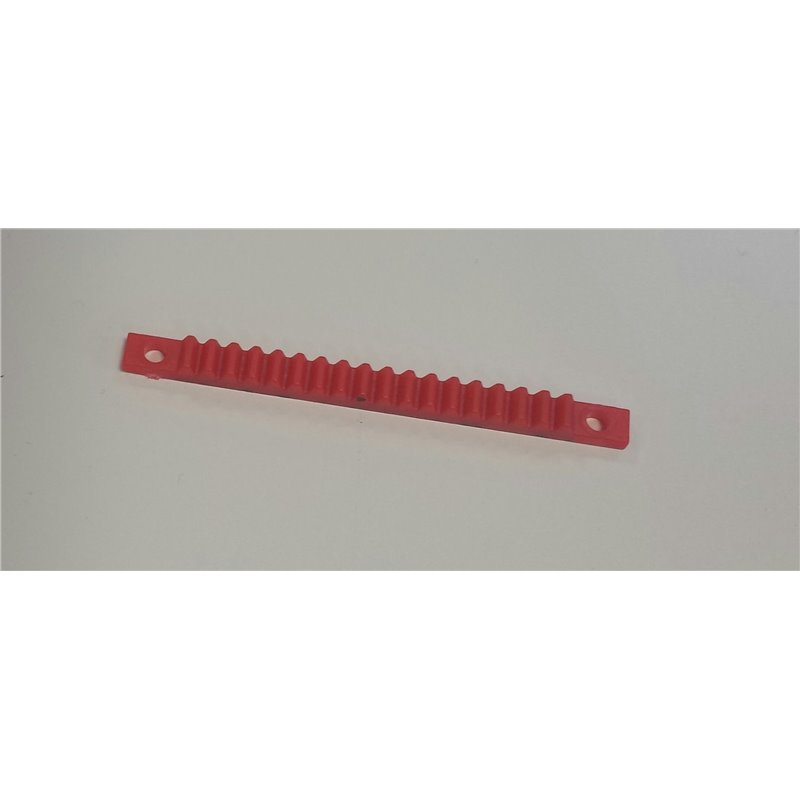 Gear bar,toothedrack 3mm pitch - Plastic. outside 75mm long. 18 tooth 2.2mm, 3mm pitch, face width 5.3mm. 63mm pitch mounting